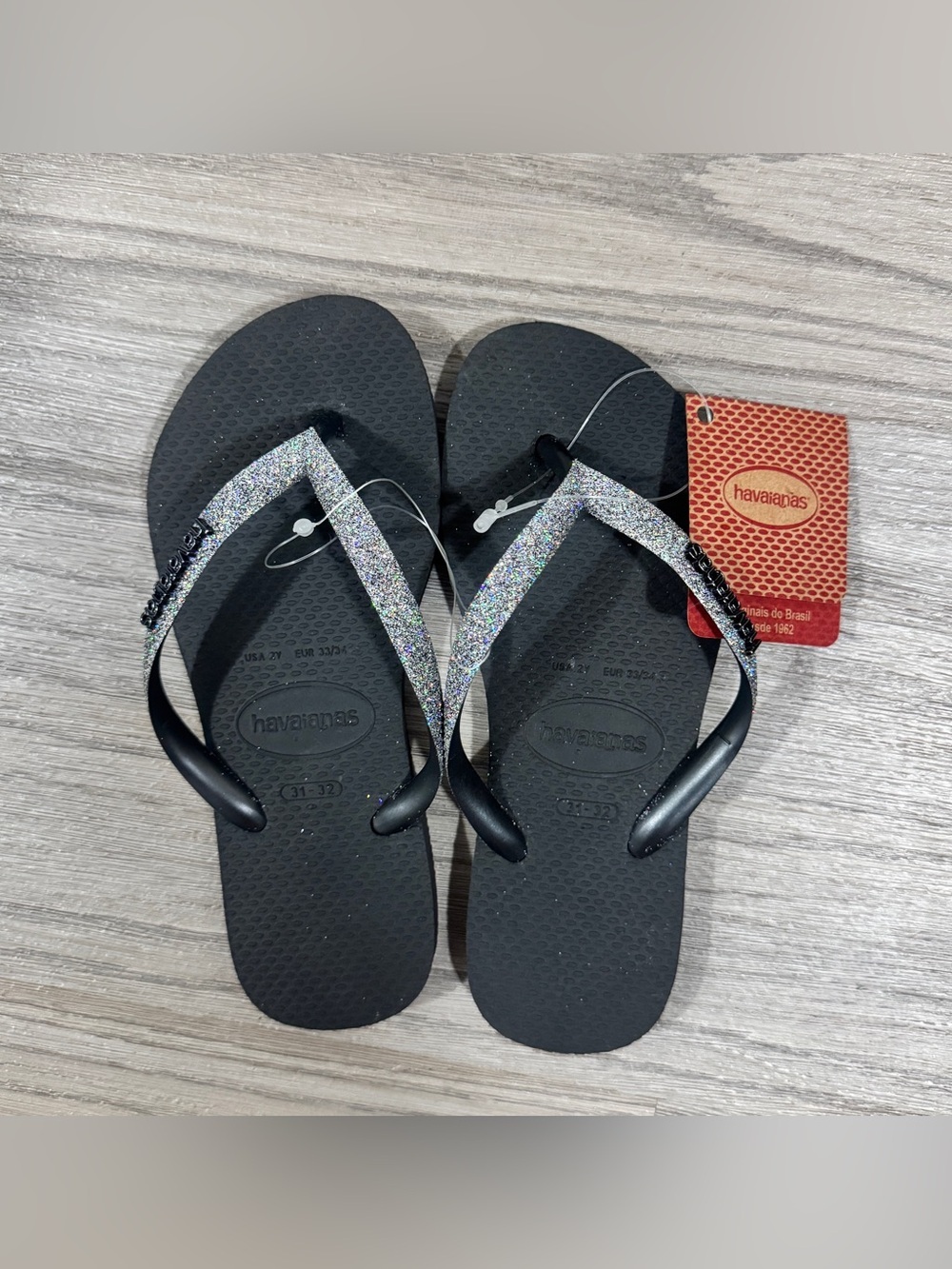 Havaianas Kids Youth Size 2Y Black Dark Metallic Glitter Flip Flops NWT